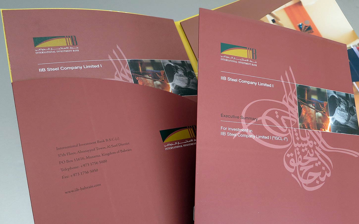 A maroon-colored executive summary document and folder for "IIB Steel Company Limited I," featuring the International Investment Bank logo, contact details for the bank in Bahrain, and industrial photography of molten metal.
