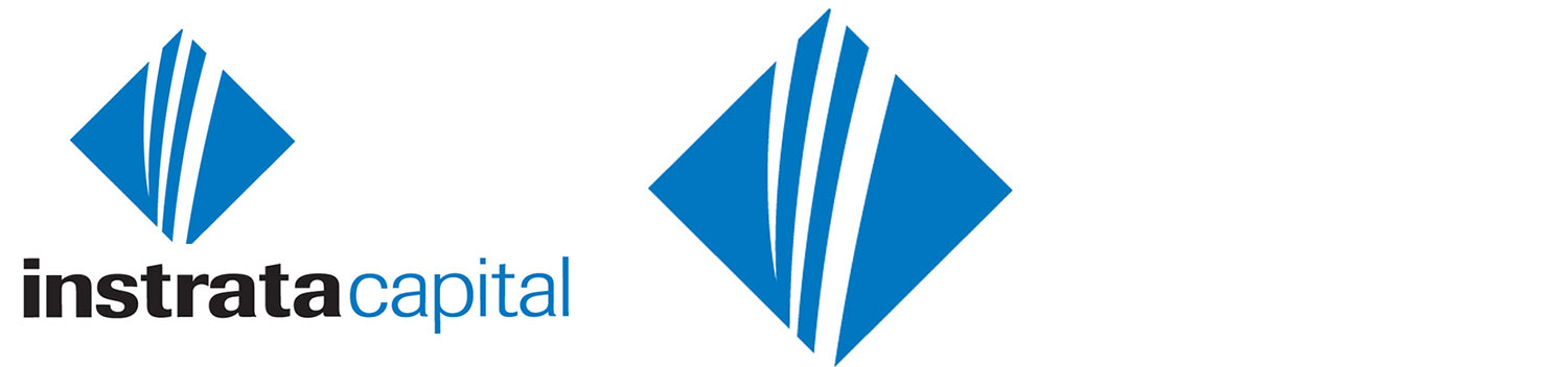 he corporate logo for "instratacapital," featuring a stylized blue diamond containing three curved white lines next to the company name, where "instrata" is in bold black and "capital" is in blue.