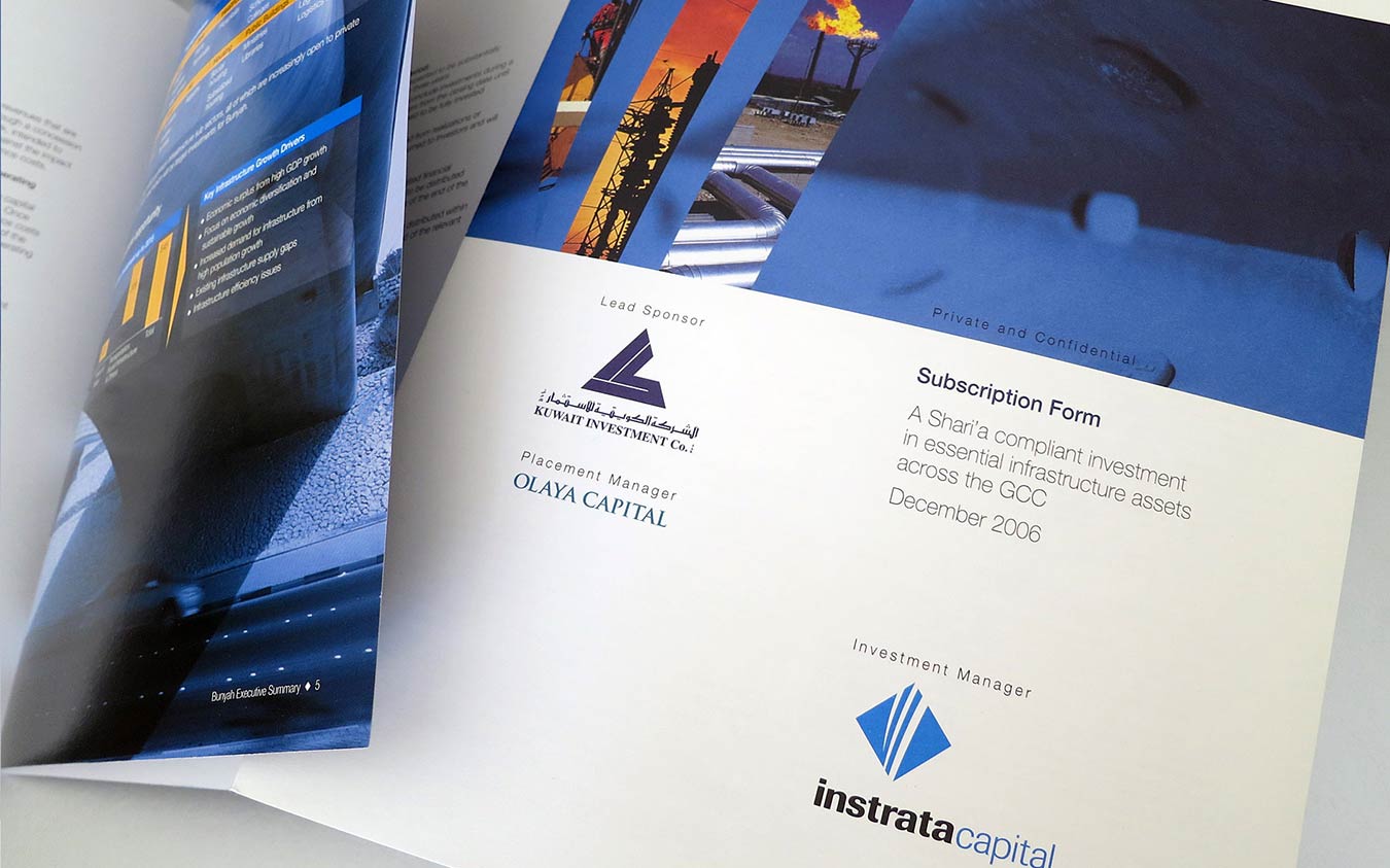 an open investment document titled "Subscription Form" on the right page. It describes a "Shari'a compliant investment in essential infrastructure assets across the GCC" dated December 2006.