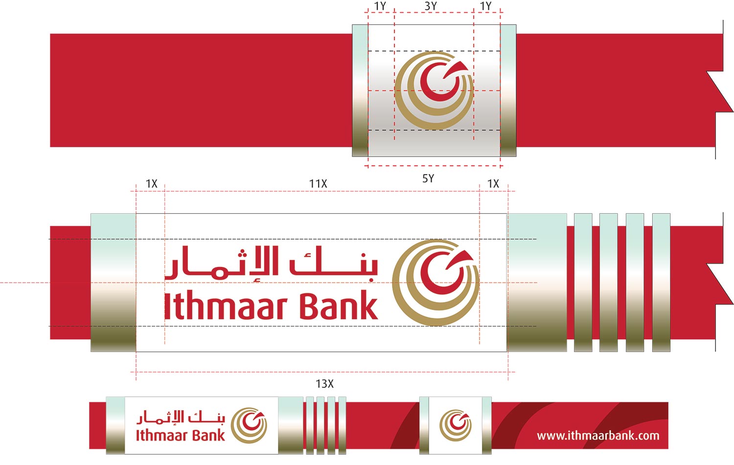 A technical branding guide for Ithmaar Bank, displaying grid-based proportion specifications for the placement of the bank's logo and name in Arabic and English on branded red design strips, including dimensions labeled with "X" and "Y" units.