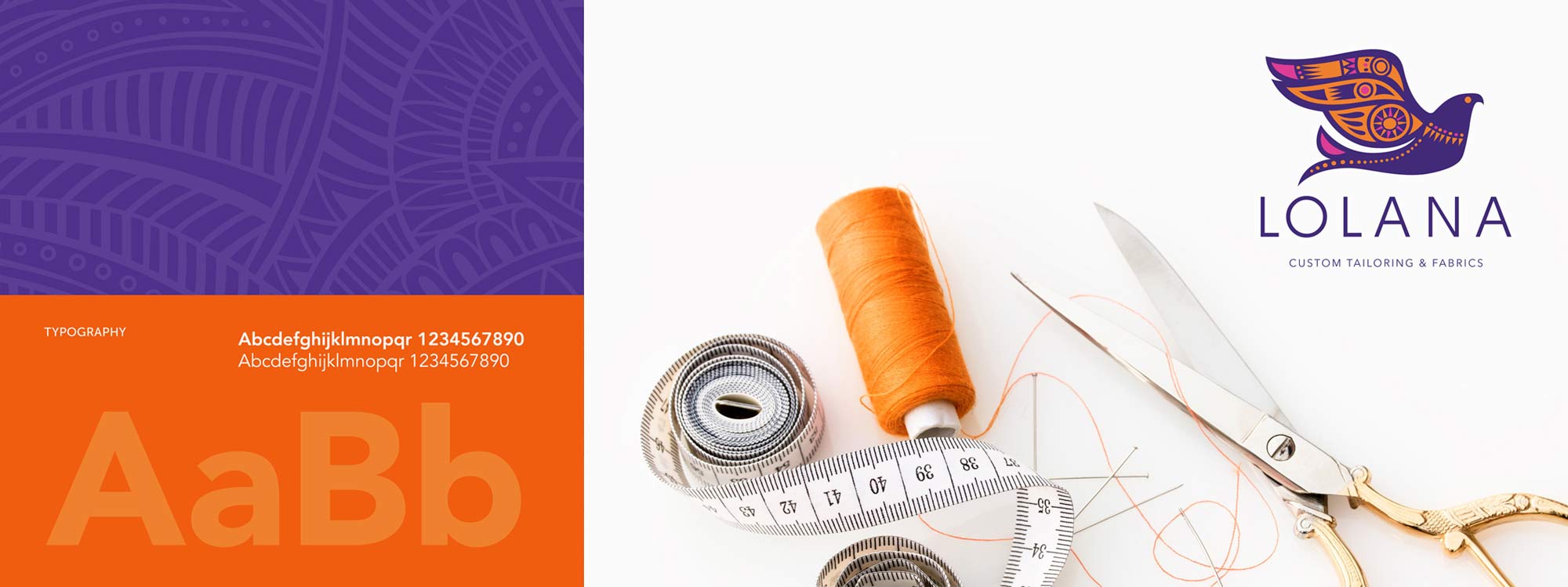 A corporate style guide banner for "LOLANA Custom Tailoring & Fabrics" displaying a typography block on an orange and purple background next to a workspace layout featuring the colorful bird logo, scissors, thread, and a measuring tape.