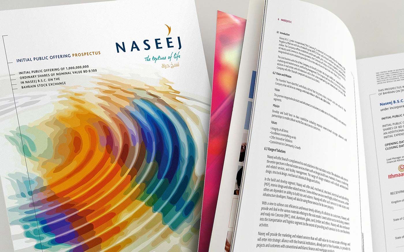 An open Naseej Initial Public Offering Prospectus displaying a cover with a colorful abstract ripple design alongside open inner text pages detailing corporate vision, mission, and solutions.