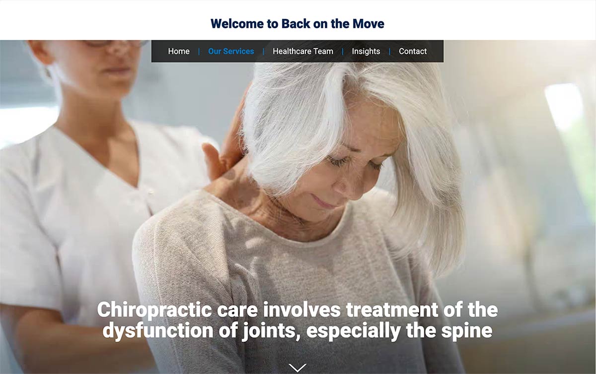 A chiropractic clinic website homepage banner featuring a practitioner examining an elderly patient's cervical spine and neck joint mobility.