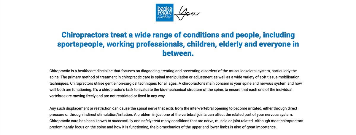 A clinical information section featuring the 'Back on the Move Healthcare' logo, a large blue heading about chiropractor patient demographics, and two paragraphs explaining the biomechanics of spinal adjustments and nervous system health.